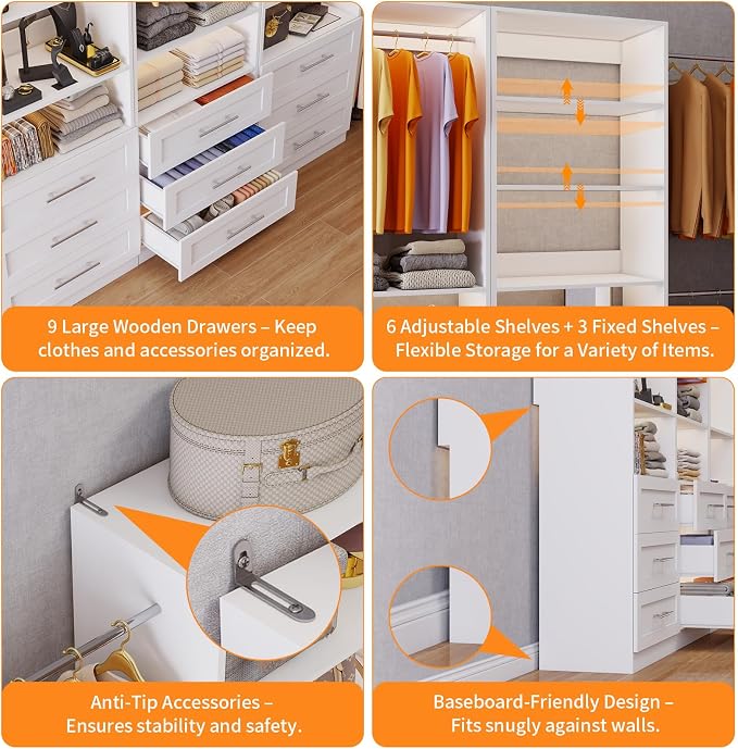 Closet System with 3 Sets, 6–15 FT Closet Organizer System with 9 Drawers, 9 Shelves & 4 Rods, Walk-In Modular Closet System, Custom Built-In Closet Kit, White