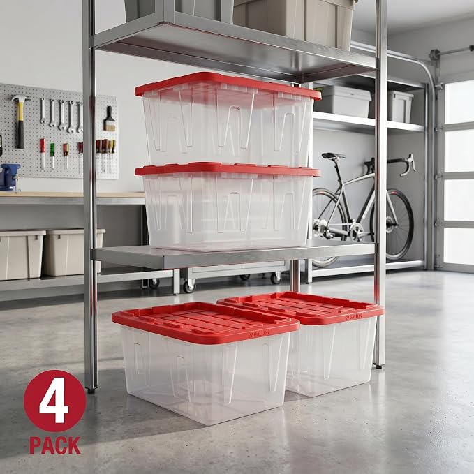 Pack of 4 Clear Storage Bins with Red Snap Lids, 27 Gallon Plastic Totes for Garage & Basement Organization, Stackable Storage Containers for Holiday Decor & Home Use
