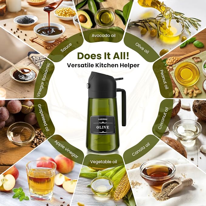 Oliver Oil Sprayer Dispenser for Cooking Bottle 16oz Green Glass 2pcs Black | 2-in-1 Lightproof Borosilicate Glass Oil Bottle, Wide Mouth for Easy Refill Clean