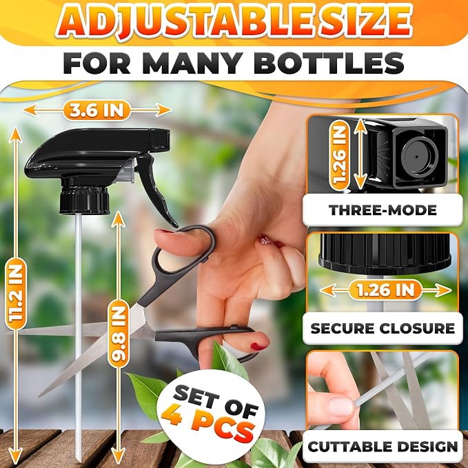 4 Pack Spray Nozzle for Bottles, Trim-to-Fit Tube; Plastic (Black) | Spray Bottle Nozzle Replacement; Fits 8 and 16 Oz; Trigger Sprayer with Mist, Stream & Off Modes; for Cleaning and Garden
