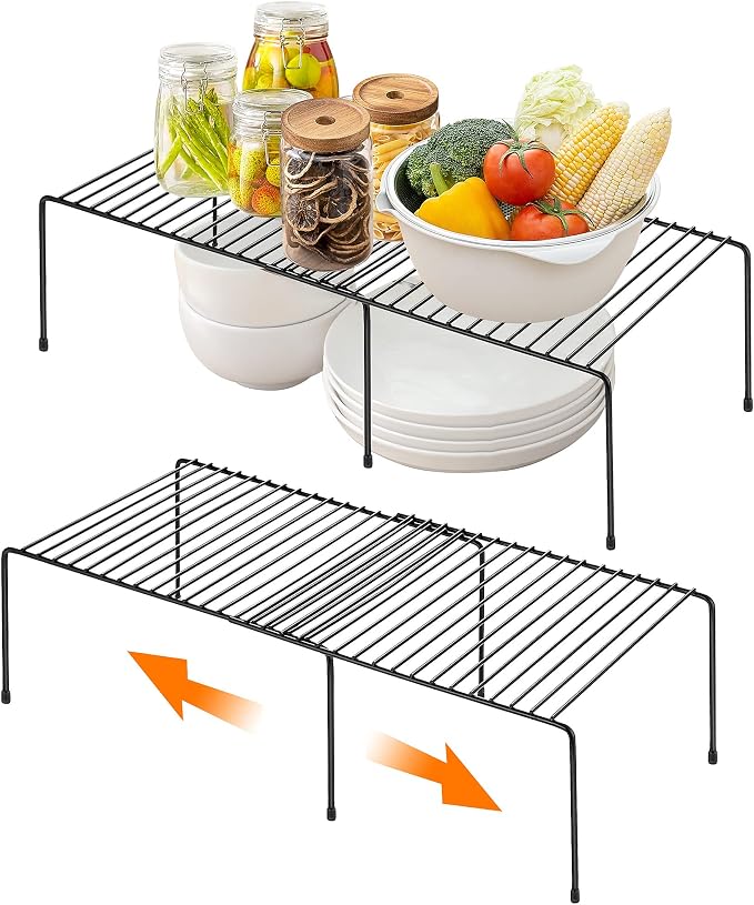 Ravinte 2 Pack Expandable Freezer Shelf Organizer, Black Kitchen Storage | Rustproof Metal Wire, Adjustable Width, Fridge, Pantry, Cupboard, Countertop, Easy Install, No Tools Needed, Space Saving