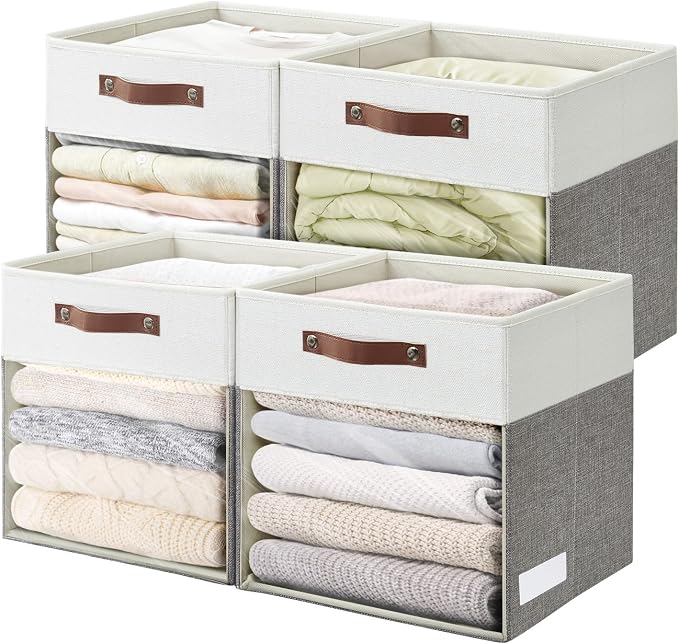 Bagnizer Storage Cubes, 4 Pack Linen Foldable Storage Bins (13 x 13 inch) with Clear Window and 2 Handles, Closet Organizers and Storage for Shelf Closet, Clothes, Books - (Gray and White)