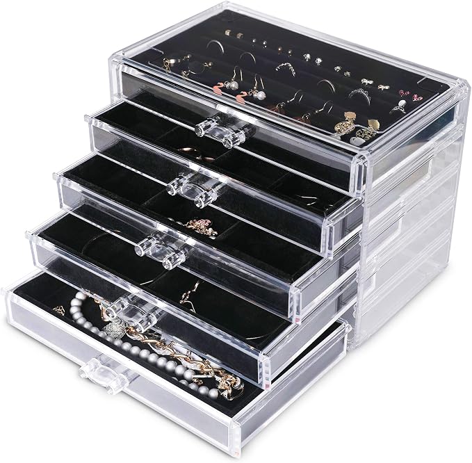 Frebeauty Extra Large Acrylic Jewelry Box for Women 5 Layers Clear Jewelry Organizer Velvet Earring Box with 5 Drawers Rings Display Case Necklaces Holder Tray for Women Girls (Black) | Jewelry Storage for Rings Earrings Bracelets,Dustproof,Velvet Lini...