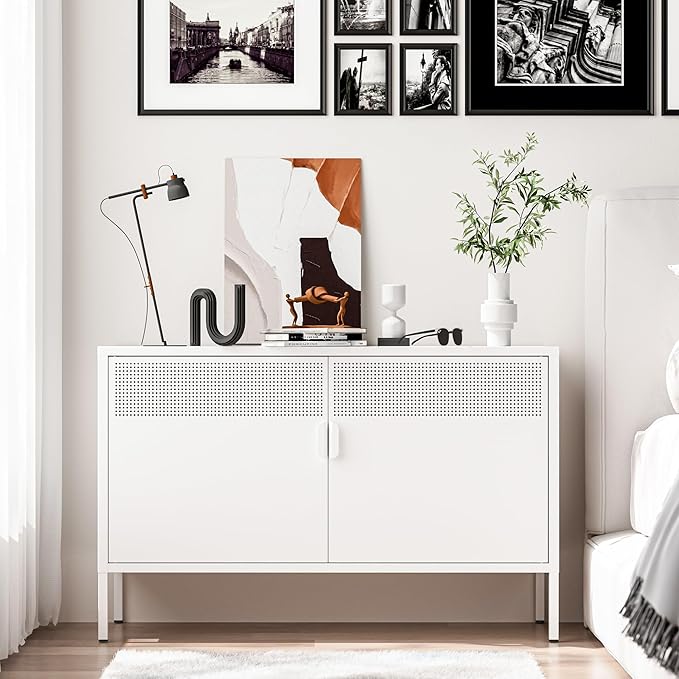Washsemba 2 Door Storage Sideboard, Metal Storage Cabinet with 2 Adjustable Shelf,Multipurpose Metal Accent Cabinet for Office Home,Music Studio (White, 25''H)