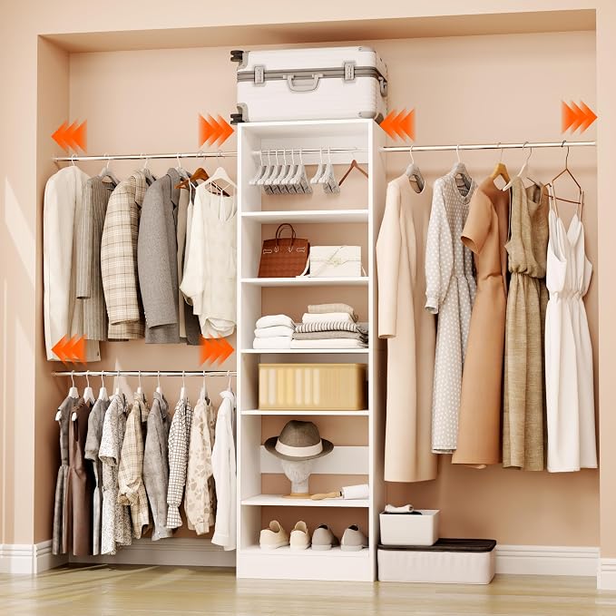 Closet System, 3Ft-5Ft Closet Organizer System With Adjustable Shelves, Walk-In Closet Storage System With 5 Expandable Hanging Rods, Adjustable Cloth Garment Rack from 3 to 5FT, White