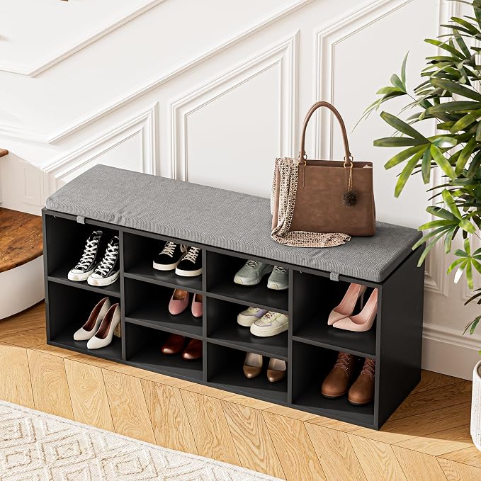 Shoe Bench with Cushion, 10 Cubbies Entryway Storage Bench, Shoe Rack with Adjustable Shelves for Living Room, Bedroom, Entryway, Black