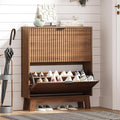 Shoe Cabinet Storage for Entryway with 2 Flip Drawers, Fluted Narrow Shoe Organizer with Wooden Legs, Freestanding Slim Shoe Storage Hidden Shoe Rack Organizer for Front Door Entrance, Walnut