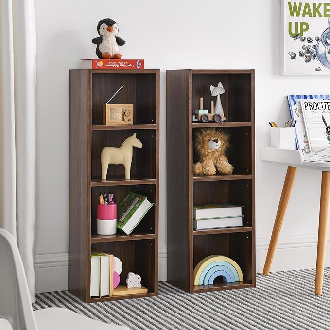 Sleek Walnut 8-Tier Media Tower Rack - Adjustable Slim Storage Cabinet, Tall Narrow Bookcase for Efficient Home Office Organization and Display!