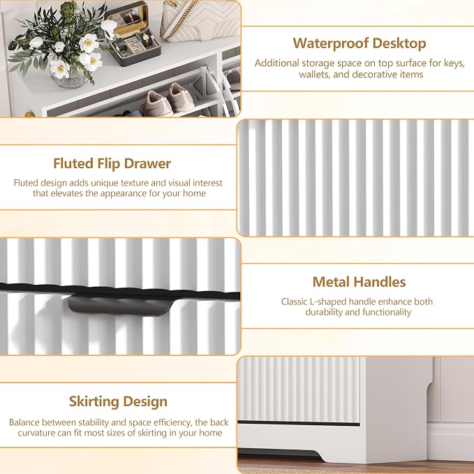 Shoe Cabinet Storage for Entryway with 4 Flip Drawers, White Fluted Shoe Cabinet with Adjustable Shelves, Wooden Hidden Shoes Rack Freestanding Narrow Slim Shoes Storage for Hallway, Entrance