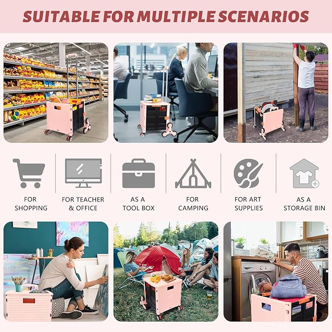 FELICON SELORSS Folding Utility Cart Portable Rolling Crate Handcart with Stair Climbing Wheels&360°Swivel Wheels Telescoping Handle Plastic Box Dolly for Travel Shop Move Office Teacher Use(Pink)