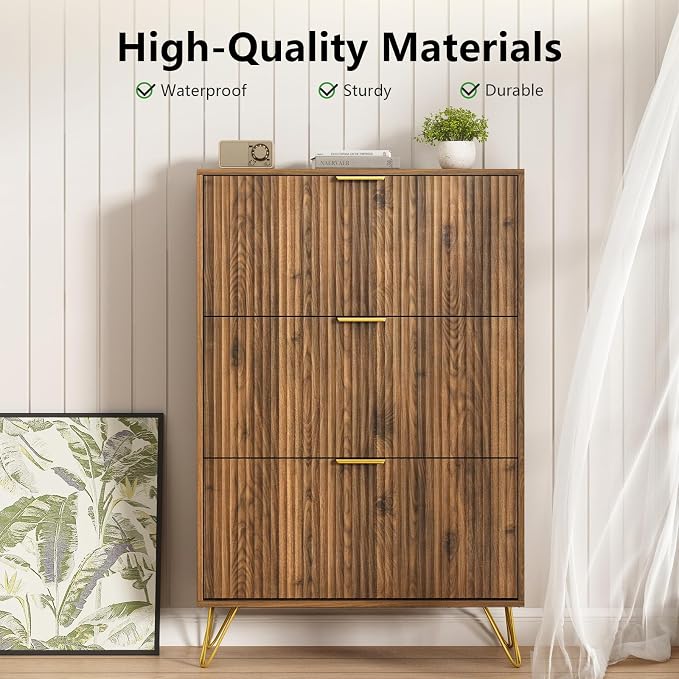 Shoe Storage Cabinet with 3 Flip Drawers, 31.5" W Fluted Shoe Cabinet for Entryway, Hidden Shoe Cabinet Storage, Narrow Free Standing Shoe Orgnaizer Rack Cabinet for Foyer Hallway, Natural
