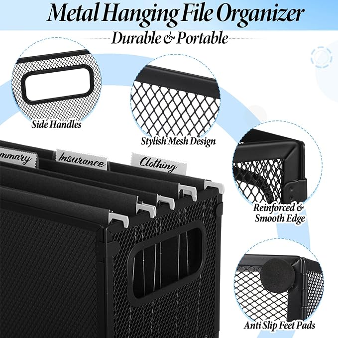 2 Pack Hanging File Holder, 10 Hanging Folders, Metal Mesh, Letter Size Folder Storage, Desktop Storage Cabinets, Office School Document(Black,Small)