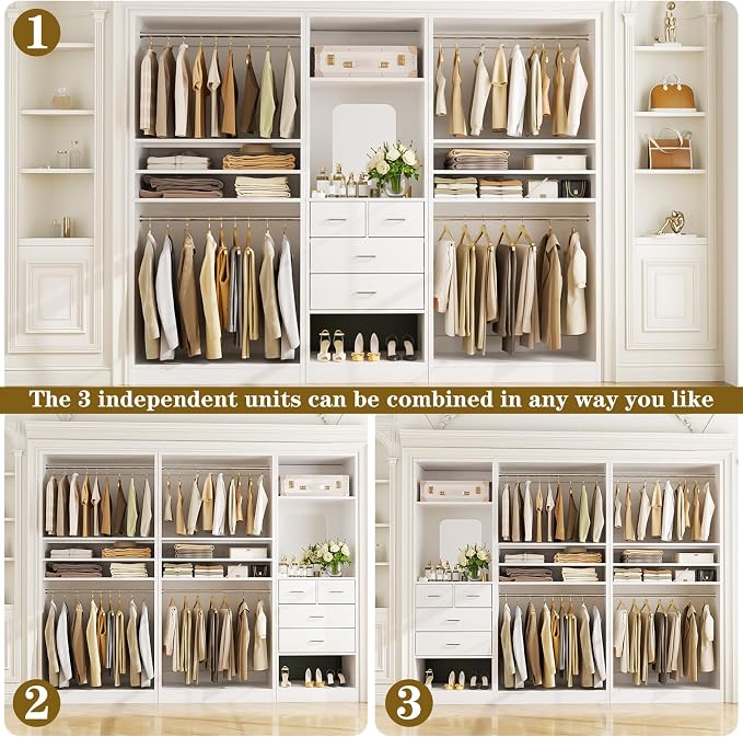 Unikito 98” Closet System with Mirror & 4 Drawers, 8.2FT Heavy Duty Wood Closet Organizer with 4 Hanging Rods, Large Walk-in Wardrobe Garment Rack with Adjustable Shelves, White
