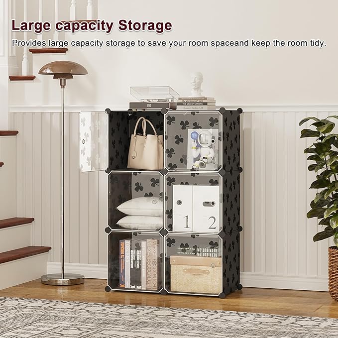 C&AHOME Cube Storage Organizer with Doors, 6-Cube Shelves, DIY Plastic Modular Bookshelf, Closet Clothes Storage Shelving Ideal for Bedroom, Living Room, Clover Embossed, Black