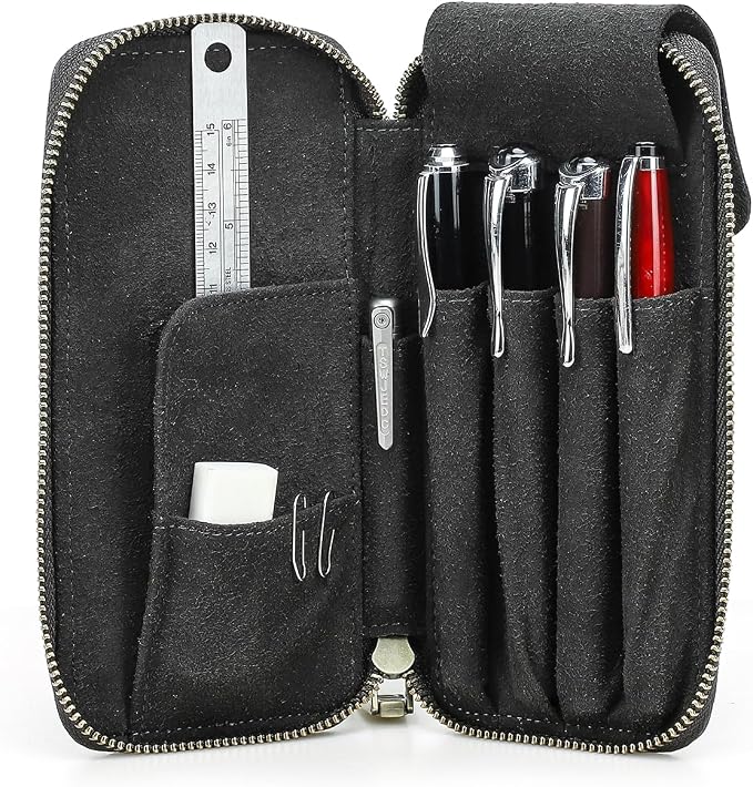 CONTACTS Full Grain Leather Pencil Case Handmade Vintage Zipper Pen Holder Pouch with Card Slot Pens Organizer Pockets Stationery Bag for Men and Women (Grey)