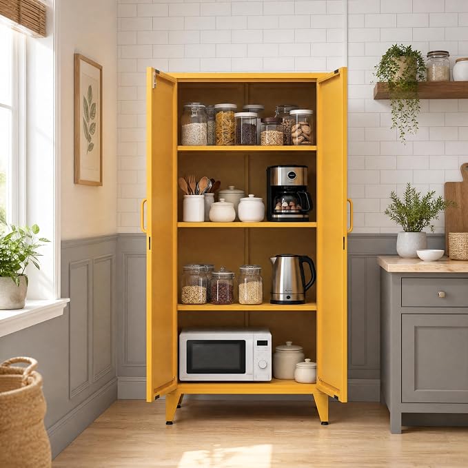61'' Tall Metal Pantry Cabinet with Lock and 3 Adjustable Shelves,Freestanding Heavy Duty Steel Storage Locker, Yellow Metal Cabinets for Kitchen,Living Room,Laundry,Garage