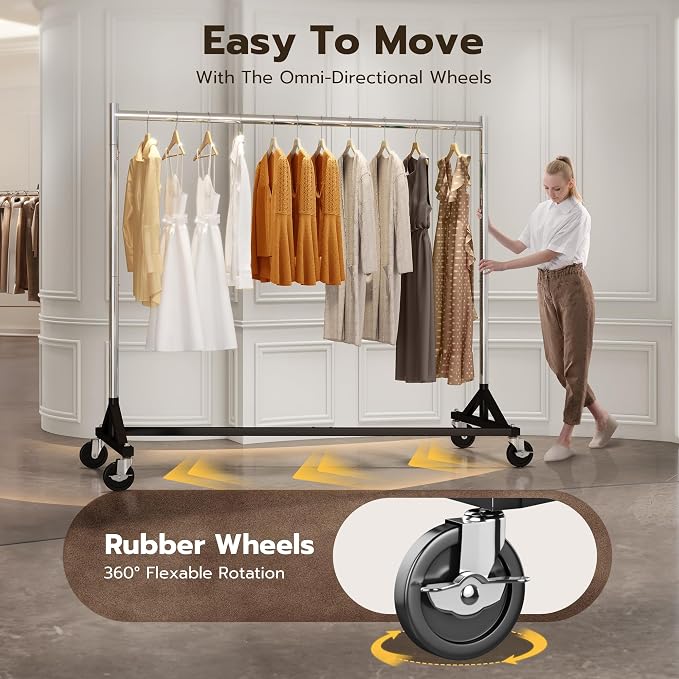 HOKEEPER Commercial Z Base Garment Rack Hold 500LBS Heavy Duty Clothing Rack Adjustable Rolling Clothes Rack for Hanging Clothes Racks on Wheels Portable Z Rack, Chrome Finish