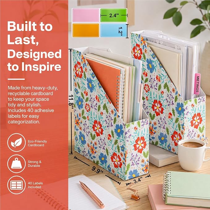 WRINGKIT 20 Pack Cardboard Magazine File Holder, Foldable Magazine Organizer Box, Large Vertical Magazines Storage Bin with Blank Label Sticker for School Office Shelves, File Folders for Documents