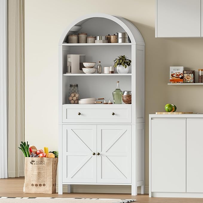 71" Tall Arched Bookshelf, 5-Tier Bookcase with Drawer, Farmhouse Storage Book Shelf with Open Shelves for Living Room, Dining Room, White