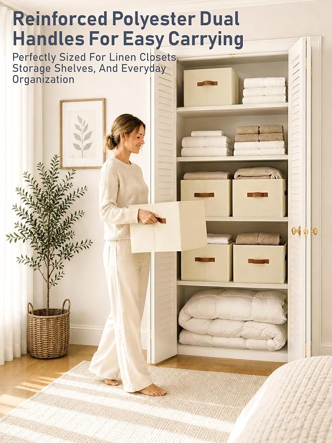 8 Pack Large Closet Storage Baskets Bins for Shelves, Collapsible Fabric Closet Organizers and Storage with Polyester Handles, Decorative Baskets for Organizing Clothes, Towels, Linen Closet 16x12x10"