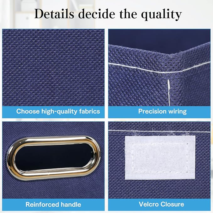 STOREONE Fabric Storage Cube Bins Foldable Organizer Container Collapsible Basket with Lids and Metal Handles, for Home, Bedroom, Closet 6 Pcs (Navy Blue)