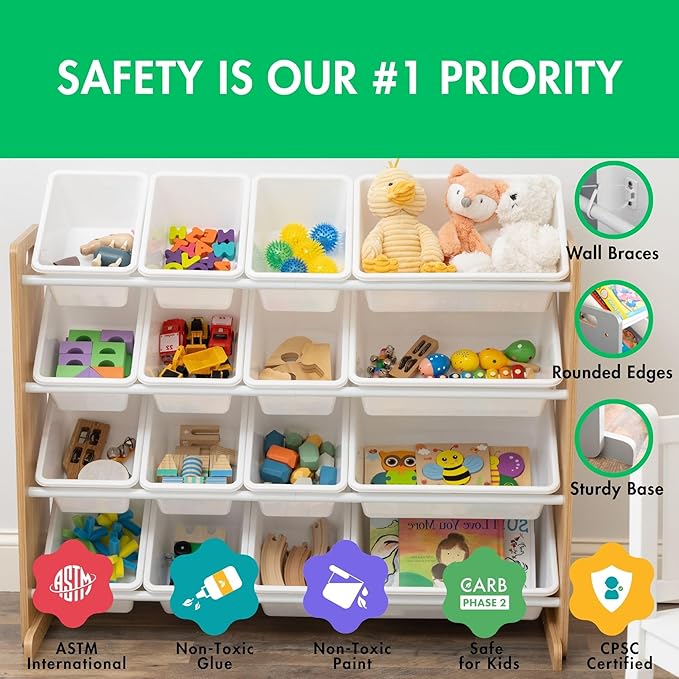Humble Crew Toy Storage Organizer with 16 Removable Storage Bins for Kids Playroom, 4-Tier Toddler Toy Organization and Storage, Natural Wood/White