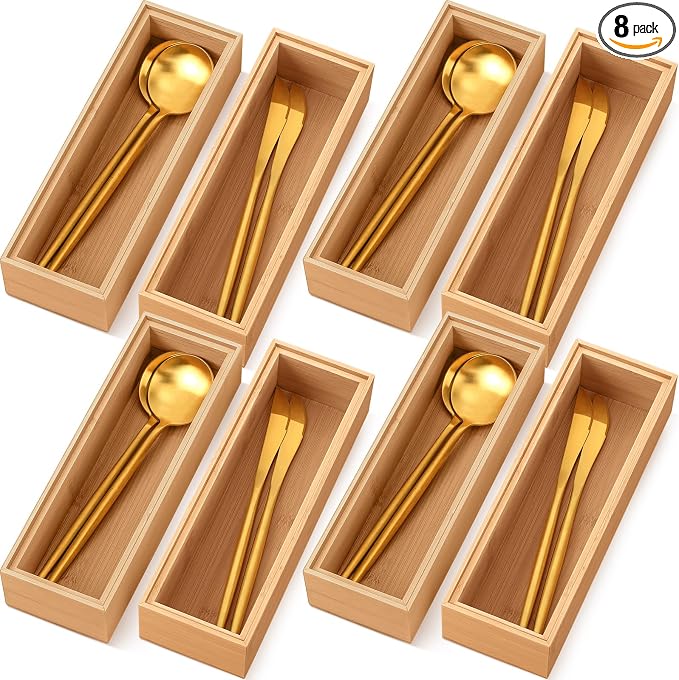 Kigley 8 Pcs Kitchen Bamboo Drawer Organizer Utensil Wooden Silverware Drawer Organizer Utensil Bamboo Storage Box Cutlery Holder Flatware Containers for Kitchen, Bathroom(9 x 3 x 2 Inch,Wood)