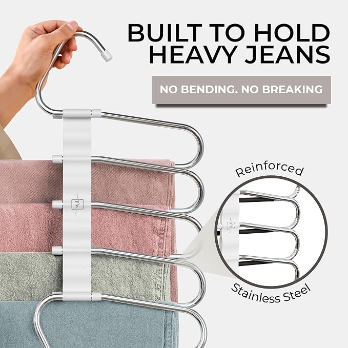 MORALVE Pants Hangers Space Saving - 2 Pack - Non-Slip Multi-Layer Space Saving Hangers - Multifunctional Clothing Rack for Closet Storage - Ideal for Jeans, Trousers, Skirts, Scarves & Slacks (White)