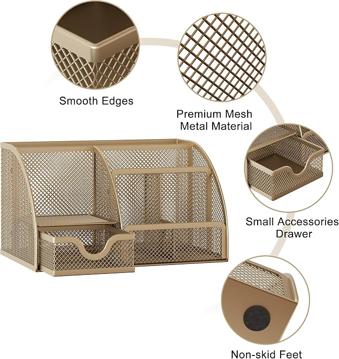 EasyPAG Mesh Desk Organizer with Drawer Multi-functional Pen Holder Stationery Organizer for Office School Supplies 6 Compartments Dorm Organizers and Storage for Desk, Gold