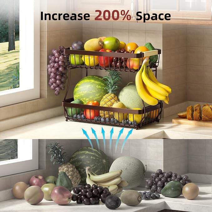 Sevenblue 2-Tier Fruit Basket with Banana Hangers, Detachable Metal Bowl | Wooden handle, protective mats included. Versatile holder for bread, snacks, and veggies. Extra Large 2 tier metal design.