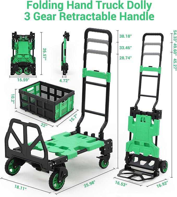 Versatile 2-in-1 Folding Hand Truck Dolly – Collapsible Basket, Retractable Handle, 4 Wheels – Heavy Duty Moving and Shopping Platform, 330 Lb Capacity, Foldable and Compact for Easy Storage