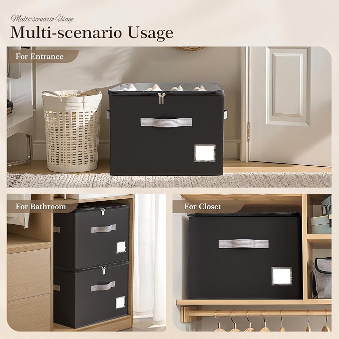 Criusia Shoe Organizer for Closet, Foldable Shoe Storage Organizer with Clear Cover and Sturdy Handles, Fit 12-16 Pairs, Closet Organizer for Shoes Sneakers Sandals Heels, 2 Pack, Black