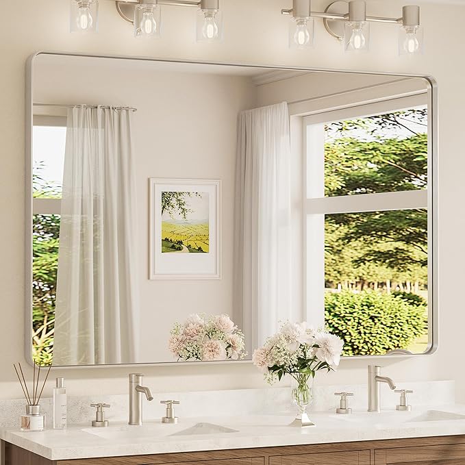 TETOTE 60 x 40 Inch Brushed Nickel Mirror for Bathroom Over Sink Metal Framed Mirror Modern Farmhouse for Living Room Entryway(Horizontal/Vertical)