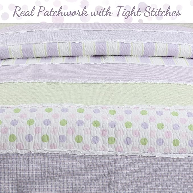Cozy Line Lavender Green Stripe & Purple Dots Quilt Set – 3-Piece 100% Cotton Reversible All-Season Bedspread with Shams, Girls Kids Bedroom Décor, Queen