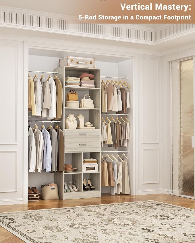 Small Closet System, 3.2-6.8FT Small Closet Organizer with 2 Wooden Drawers & 5 Hanging Rods, Can Fit 37.5 to 81.9 inch Walk-in Closet System, Built-in, Greige Oak, Enclosed Storage Volume 2.32 ft³