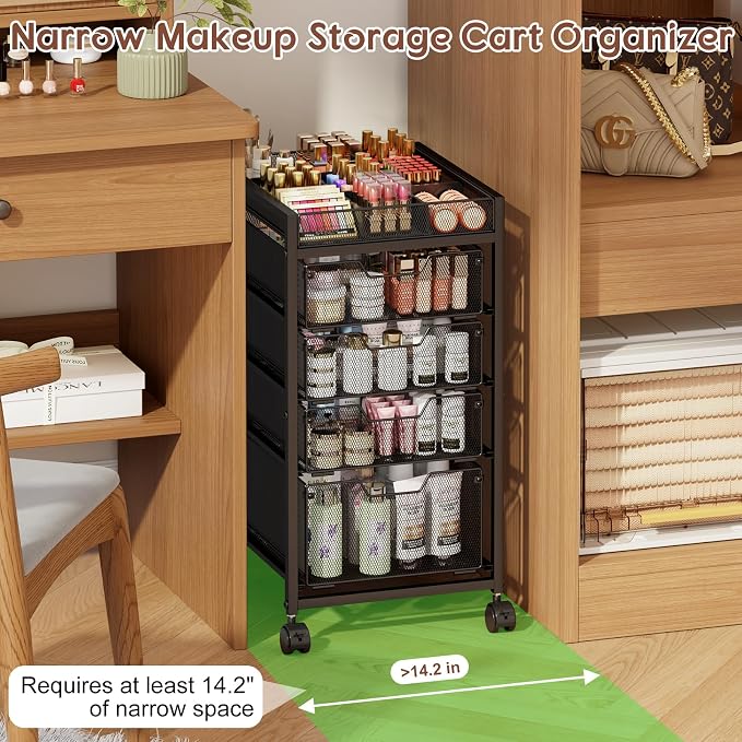 5-Tier Rolling Makeup Cart Organizer with 4 Drawers, Cosmetics Display with Dividers, Floor Skincare Storage with Wheels, Versatile Vanity Organizer for Nail Polish Perfume Brush Hair Tool, Black
