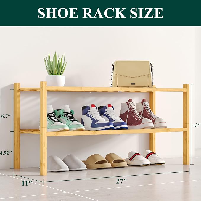 Smiry Bamboo Shoe Rack, 2 Tier Free Standing Wooden Shoe Organizer, Stackable Wood Shoe Storage Shelf for Closet, Entryway, 12 Vertical Slats, One-piece Standard Legs, 26.8"x11"x13", Natural