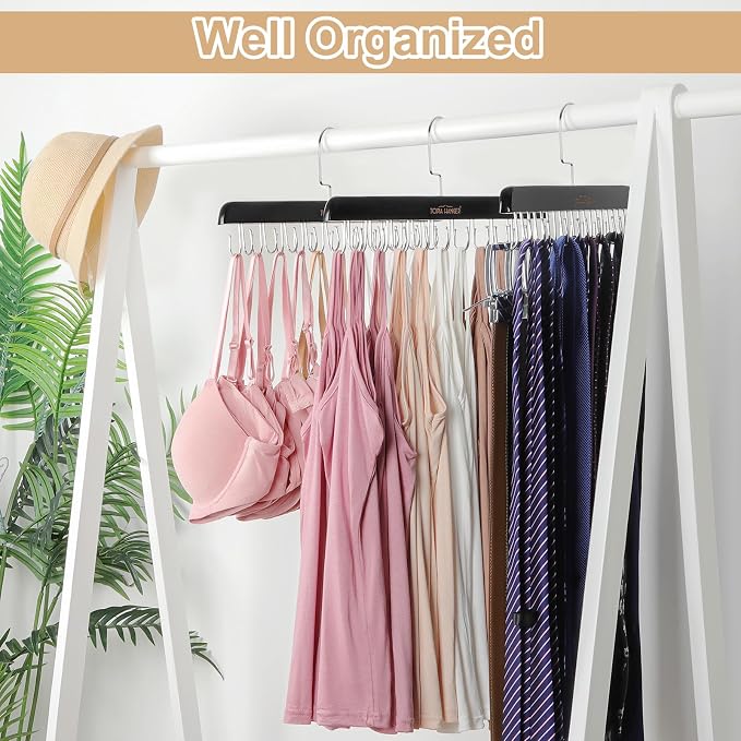 TOPIA HANGER Bra Hanger for Closet, Tank Top Hangers Space Saving Black | 20 Foldable Hooks, 360°Rotating Hooks, Easy to Install, Durable Solid Wood, Space Saving Storage for Bras, Tank Tops, Belts