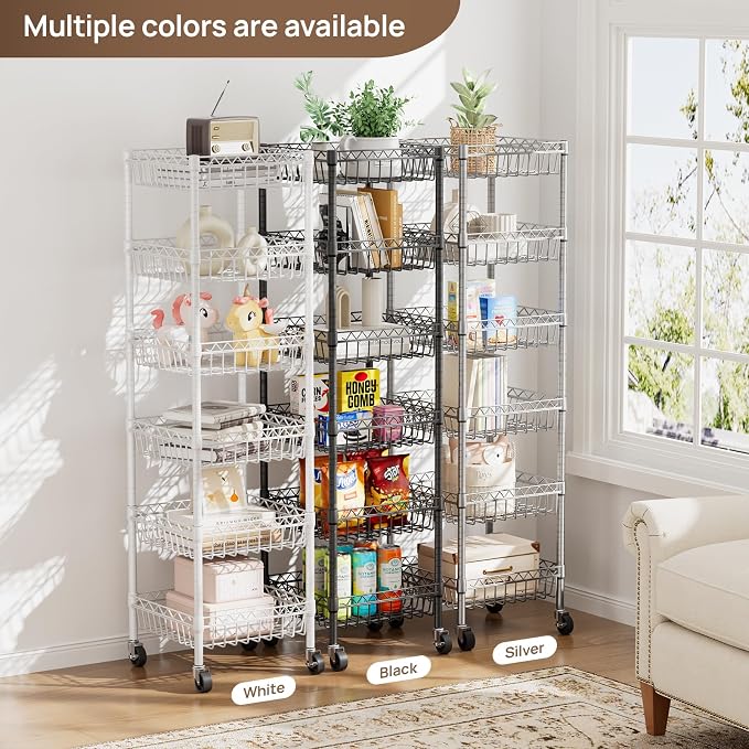 Golpart Basket Shelves Closet Rack with Wheels Metal Pantry Wire Shelf Unit | 6 tier Storage Rolling Shelving Bathroom Organizers Kitchen Garage Laundry Room Organization Home 13.6"Dx13.6"Wx63"H White