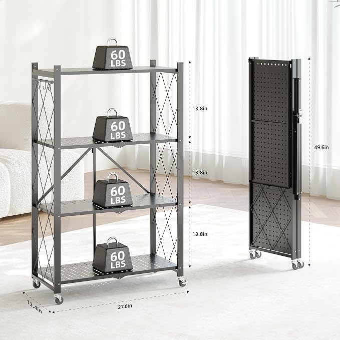 Fenbeli Foldable Shelves with Wheels - 4 Tier Folding Shelf, Collapsible No Assembly Metal Shelving Unit, Origami Storage Shelves & Rolling Storage Rack with 8 Hooks for Kitchen Pantry Garage