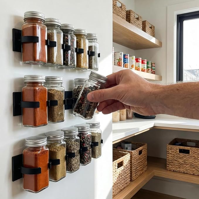 Adhesive Spice Clips 6-Pack, Heavy-Duty Spice Organizer for Cabinet Doors, Pantry & RV, Space-Saving Kitchen Storage with Tape, Holds 30 Jars (Black+White) ﻿