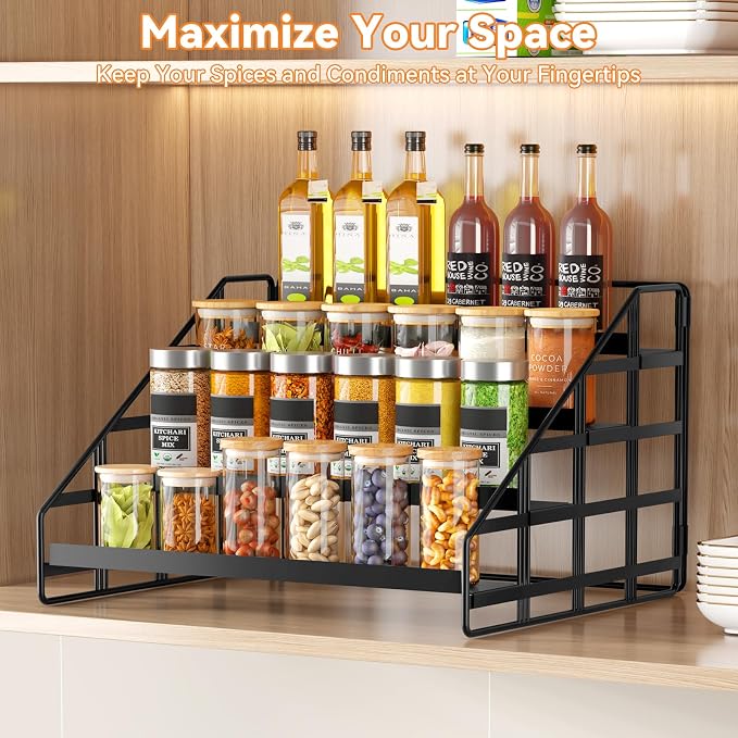 Bunoxea 4 Tier Adjustable Spice Rack for Cabinet & Countertop, Black 2Pack | Depth Adjustable,Anti-drop Guard Rail,Tiered Cabinet Organizer,Holds 24+ Jars,for Cabinet, Pantry & Kitchen Countertop