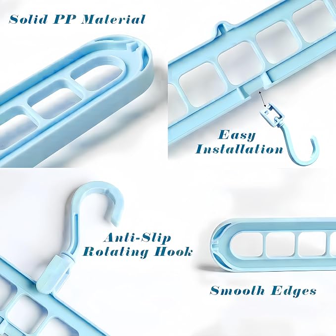 9 Space-Saving Hangers Heavy-Duty PP Plastic Tiered Hanger Organizer with Non-Slip Foldable Design, for Closet (Blue, 5)