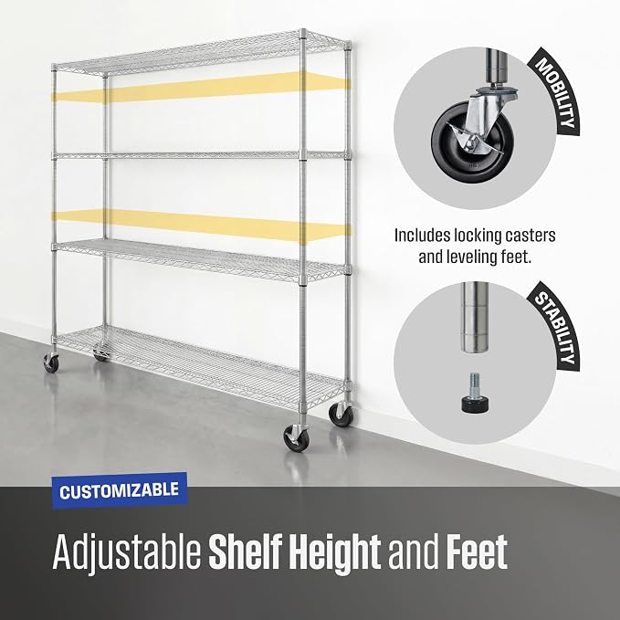 SafeRacks NSF 4-Tier Heavy Duty Steel Wire Rack w/Wheels (18"x72"x72")