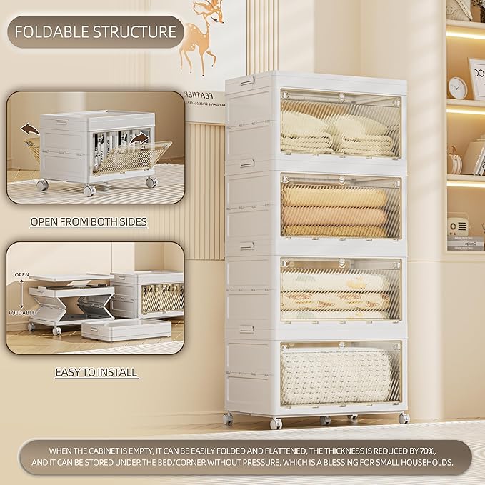 376 QT / 94 Gal Large Foldable Storage Cabinet with Wheels - Extra Capacity, Transparent Front & Back Doors, One-Pull Assembly, Silent Casters for Garage/Stockpile (PP Material)