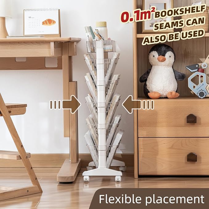 5 Tier Rolling Utility Cart Multi-Functional Movable Storage Book Shelves with Lockable Casters for Study Office Kitchen Classroom, White (Transparent White, with Wheel)
