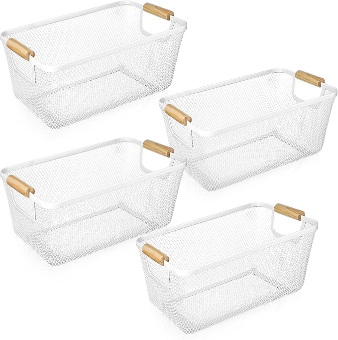 Ziliny 4 Pcs Metal Mesh Wire Baskets with Wooden Handles for Organizing, Pantry Organizers and Storage Steel Bin Kitchen Baskets for Fruit Potato Onion Snacks Bathroom Cabinet(Medium,Cream White)