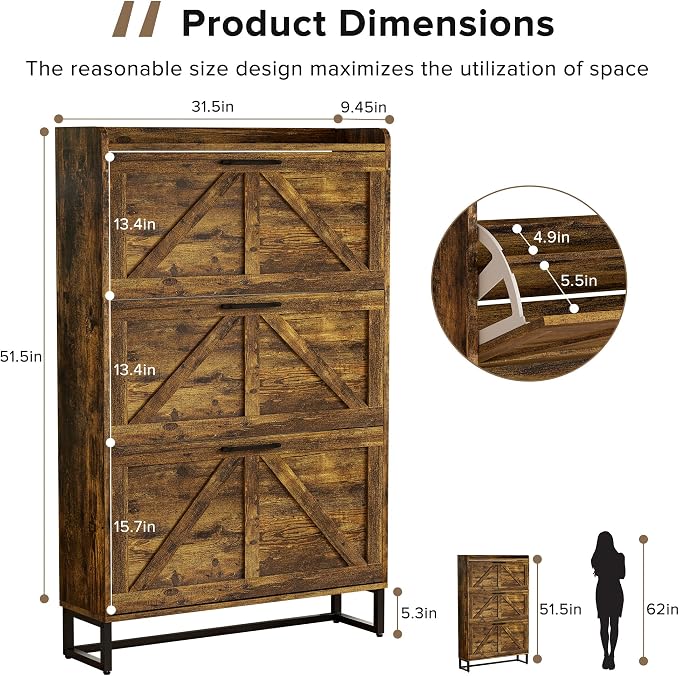 EOYUTLLY Shoe Cabinet Storage for Entryway, Narrow Shoe Rack with 3 Flip Drawers, Freestanding Hidden Shoe Rack Storage Organizer, Slim Shoe Cabinet Rustic Brown with Metal Legs