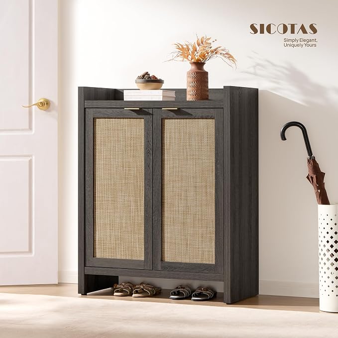SICOTAS Shoe Storage Cabinet Set of 3, Large Capacity Rattan Shoe Cabinet for Entryway, 6-Tier 41" Tall Shoe Cabinet, Farmhouse Wooden Storage Cabinet for Living Room Hallway, Black Oak