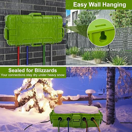 Medium Outdoor Electrical Box (11.6x5.2x4.1 inch), IP54 Waterproof Extension Cord Cover w/ 6 Cable Entry, Weatherproof Connection Box for Power Strip, Plug, Timer, Holiday Lights, Green